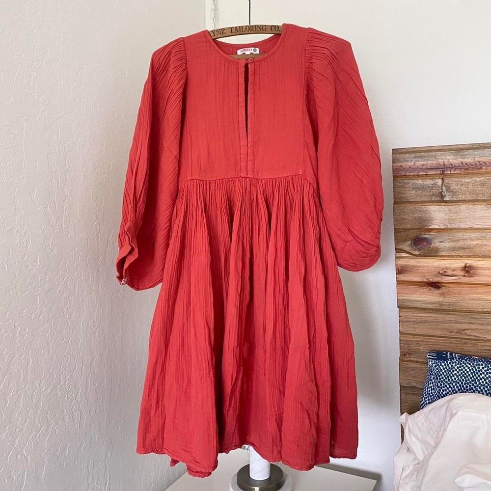 Sundry Organic Cotton Gauze Cherry Red Babydoll Dress XS 0 Womens Cottage